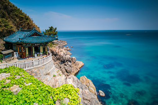 View of hongryeonam Hermitage overlooking the sea of Japan, in Naksan or Naksansa Temple, Yangyang, Gangwon Province, South Korea.