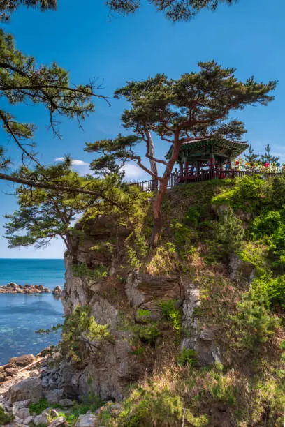 Uisangdae Pavilion overlooking the sea of Japan, in Naksan or Naksansa Temple, Yangyang, Gangwon Province, South Korea. Vertical view.