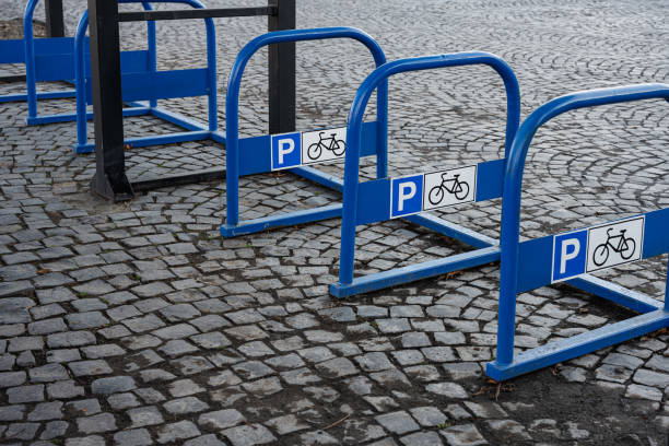 istock Blue bike parking sign with a bicycle background. 1455488145