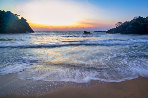 The beauty of the sandy beach and the sea in Bang Saphan Prachuap Khiri Khan Province in the morning of the day.