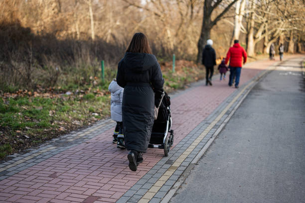 istock Mother pushing baby on the way at park. 1455489129