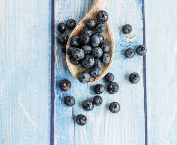 istock Fresh juicy blueberries with green leaves on a blue background. 1455490609