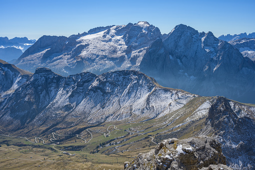 View from north direction to the mountain Marmolada (highest summit: Punta Penia 3,343 m). It is located in the Dolomites, European Alps, Italy.