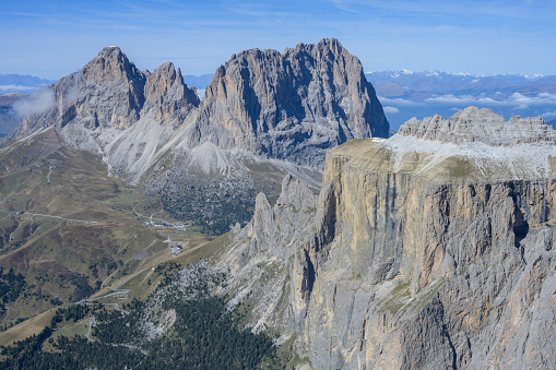 View from the Sella to the Langkofel mountain group. It is located in the Dolomites, European Alps, Italy.