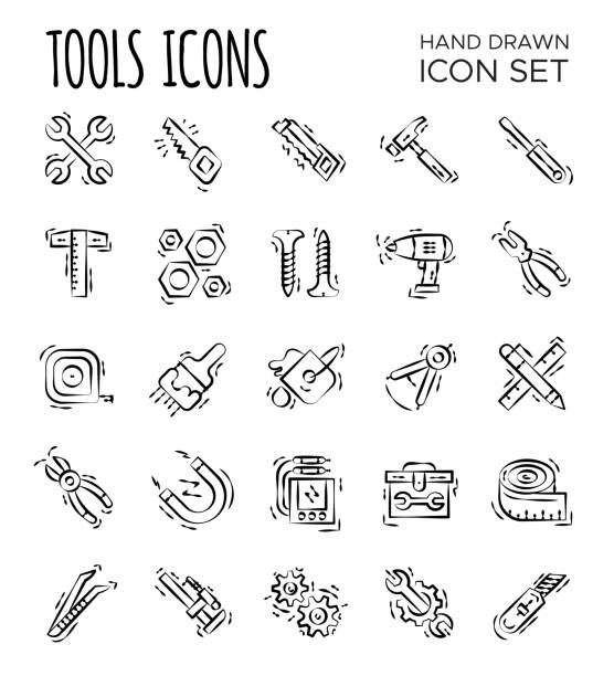 Hand Drawn Tool Icons - Artistic Sketchy Toolkit Symbols Introducing our set of hand drawn Tools Icons, a collection of high-quality illustrations that capture the essence of various tools used in construction, carpentry, and DIY projects. These icons are perfect for adding a touch of authenticity to any design project, whether you're working on a website, mobile app, or graphic design project. Each icon is individually hand-drawn to provide a unique, authentic and stylized look. Our icon set includes a wide range of tools such as Wrench, Screwdriver, Pliers, Saw, Hammer and many more. drawing of hand tool stock illustrations