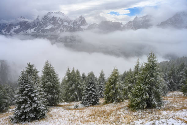 View from northeast direction to a part of the mountain range Sexten Dolomites. It is located in the European Alps, Dolomites, South Tyrol, Italy.