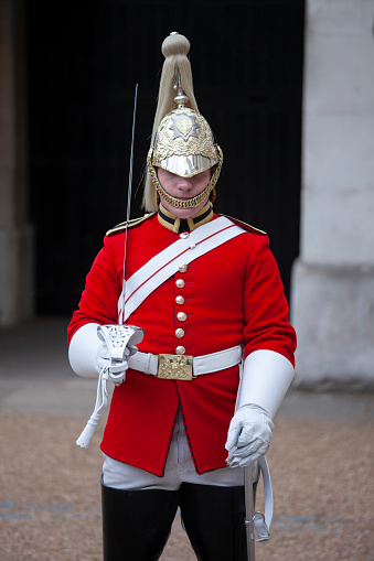 London united kingdom 08 September 2013   Royal Guard, A Cavalry Soldier and member of the Queens Life Guard at the entrance to Horse Guards Parade in Whitehall, Central London, Great Britain