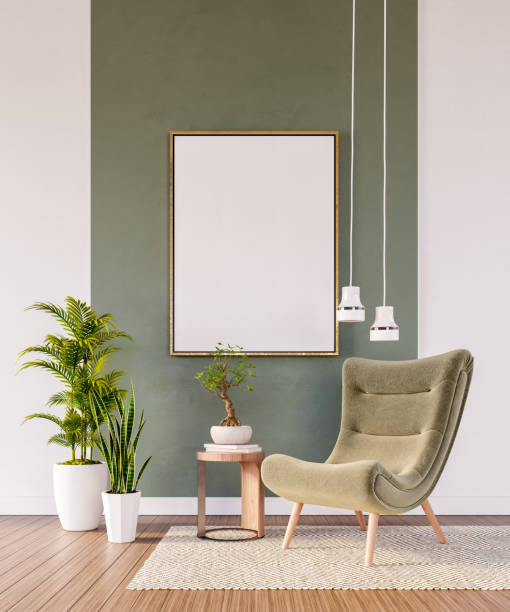 istock Mock up Living room interior design with green armchair and empty frame 3D render 1455493980