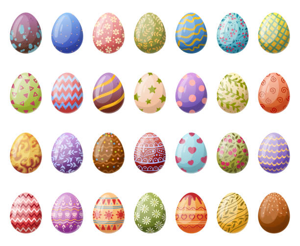 ilustraciones, imágenes clip art, dibujos animados e iconos de stock de huevos de chocolate de pascua de dibujos animados. huevos pintados tradicionales, juego de caza de huevos de vacaciones de primavera, decoración colorida de pascua conjunto de ilustración vectorial plana. huevos sorpresa de primavera - huevo etapa de animal