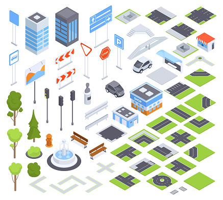 Isometric city road elements and traffic signposts. Street road signs, crossroads, traffic light and bus shop 3D vector illustration set. Urban city environment collection