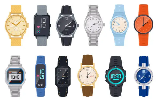 Vector illustration of Cartoon wristwatches. Gold and silver hand clocks, quartz analog and electronic watch accessories flat vector illustration set. Vintage classic wristwatches collection