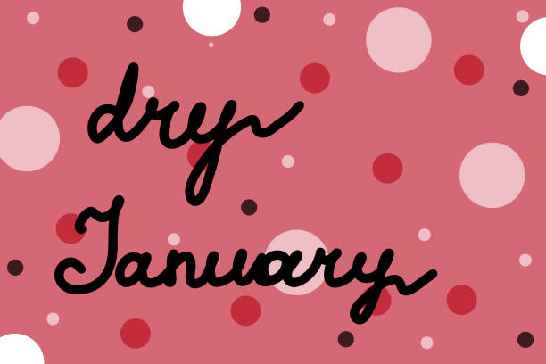 stockillustraties, clipart, cartoons en iconen met dry january script cursive typography on colorful background with dots pattern. celebrated during january to abstain from alcohol. template for ornament. - dry january