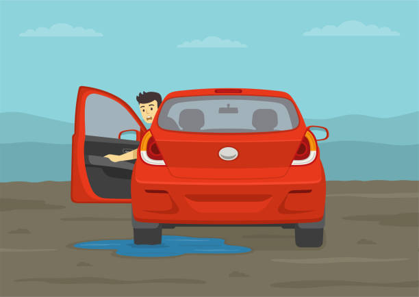 Red car gets stuck. Back view of a suv. Scared male driver opens car door and looks back. Safe driving rules and tips in mud. Red car gets stuck. Back view of a suv. Scared male driver opens car door and looks back. Flat vector illustration template. guy open car door stock illustrations
