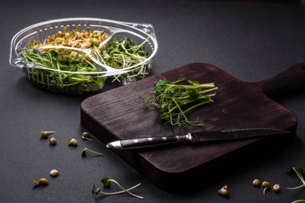 A set or mix of pea, mustard and sprouted mung bean microgreens in a portioned plastic box