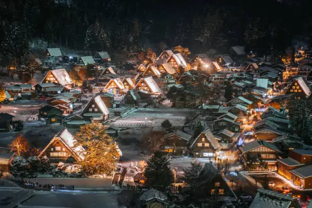 Shirakawago light-up  village with white snow, the best for tourist travelling in Japan  Winter Season