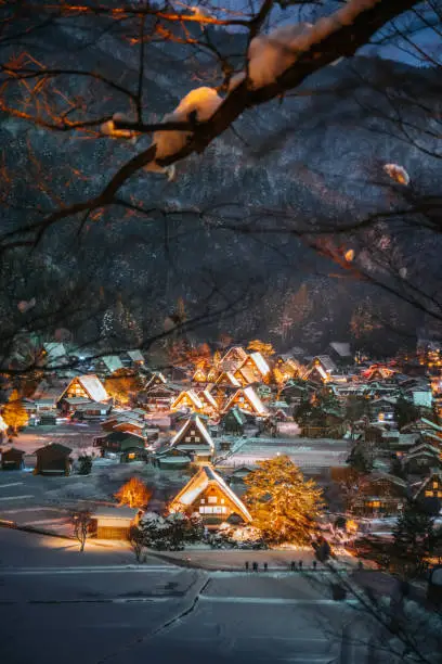 Shirakawago light-up  village with white snow, the best for tourist travelling in Japan  Winter Season