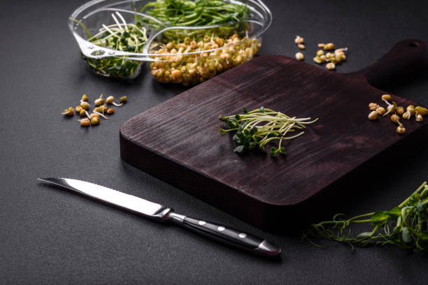 A set or mix of pea, mustard and sprouted mung bean microgreens in a portioned plastic box