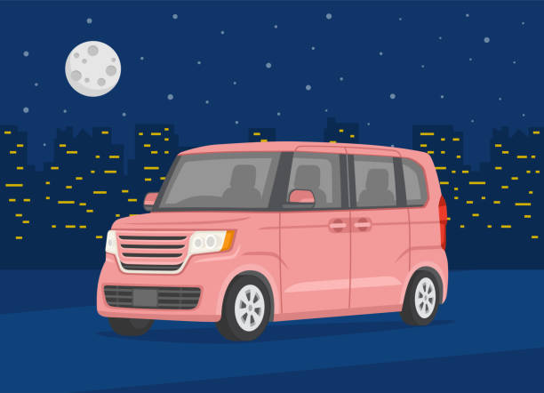 夜の街の背景に現代の新しい軽自動車。ピンクの車。明かりのある夜の街。 - car driving front view cartoon点のイラスト素材／クリップアート素材／マンガ素材／アイコン素材