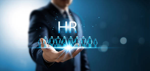 Executives touch human resource network structure - HR, effective management and recruitment of HR, effective organizational structure, training, employment, practice. stock photo