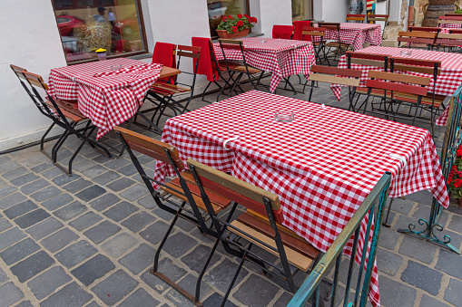 Red Plaid Tablecloth Tables at Restaurant Terrace in Budapest