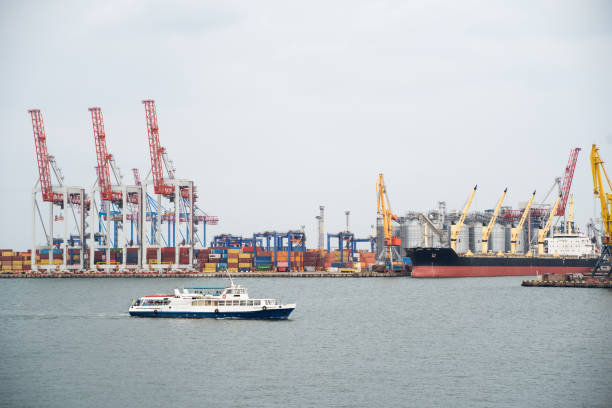 istock seaport where large cranes are loaded containers on cargo ships 1455502406