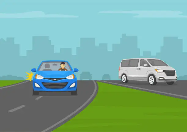 Vector illustration of Off-ramp driving. Merging with traffic. Blue sedan car exiting a highway. Front view.