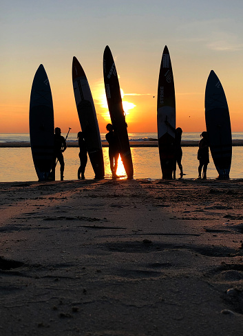 Petten-The Netherlands-20-05-2020: Surfboards on the beach at sunset. High quality photo