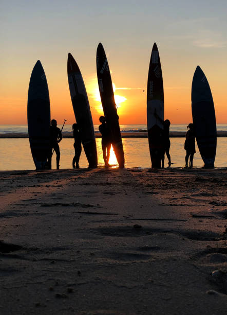 Petten-The Netherlands-20-05-2020: Surfboards on the beach at sunset. stock photo