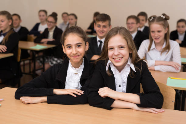istock Happy schoolchildren sit at a desk in the classroom. 1455504281