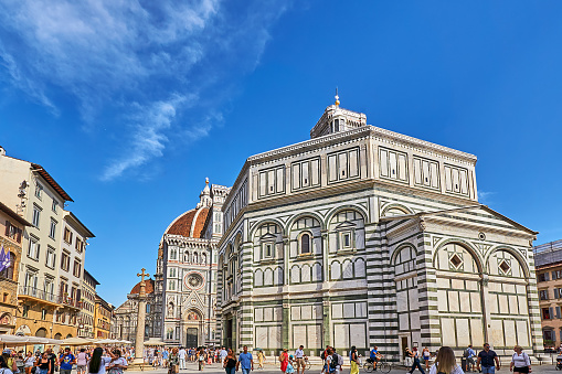 Dome of cathedral church Santa Maria del Fiore close up at spring day, Florence, Italy