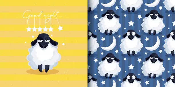 Vector illustration of Healthy sleep concept in cartoon style. Business card and abstract colorful seamless background with cute sheep in nightcap. Modern creative illustration for app, website, presentation or design.