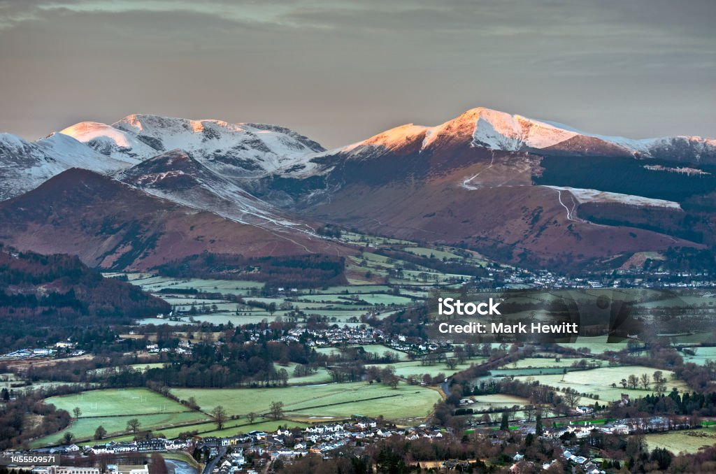 The View At First Light From Latrigg Taken at Latrigg during sunrise looking towards Barrow, Outerside, Scar Crags, Sail and Grisedale Fell. Color Image Stock Photo