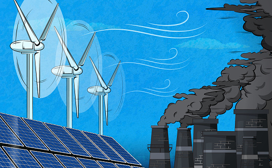 Green energy concept. Wind and solar power versus fuel coal power plant. (Used clipping mask)