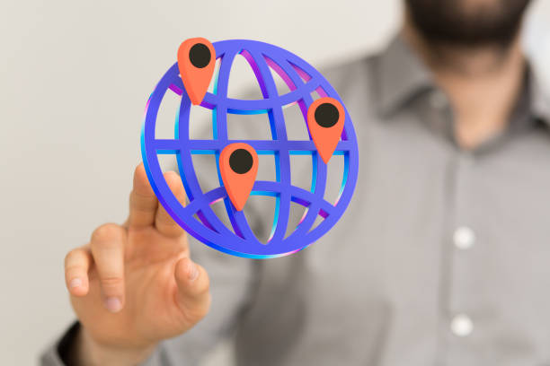 istock Shallow focus of a human hand pointing on globe icon with locations, global network concept 1455510844