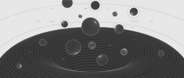 illustrations, cliparts, dessins animés et icônes de étranges wireframes modernes abstraits formes géométriques 3d, conception graphique fond vectoriel, boules volantes de trou de ver trou noir, illustration scientifique - futurism