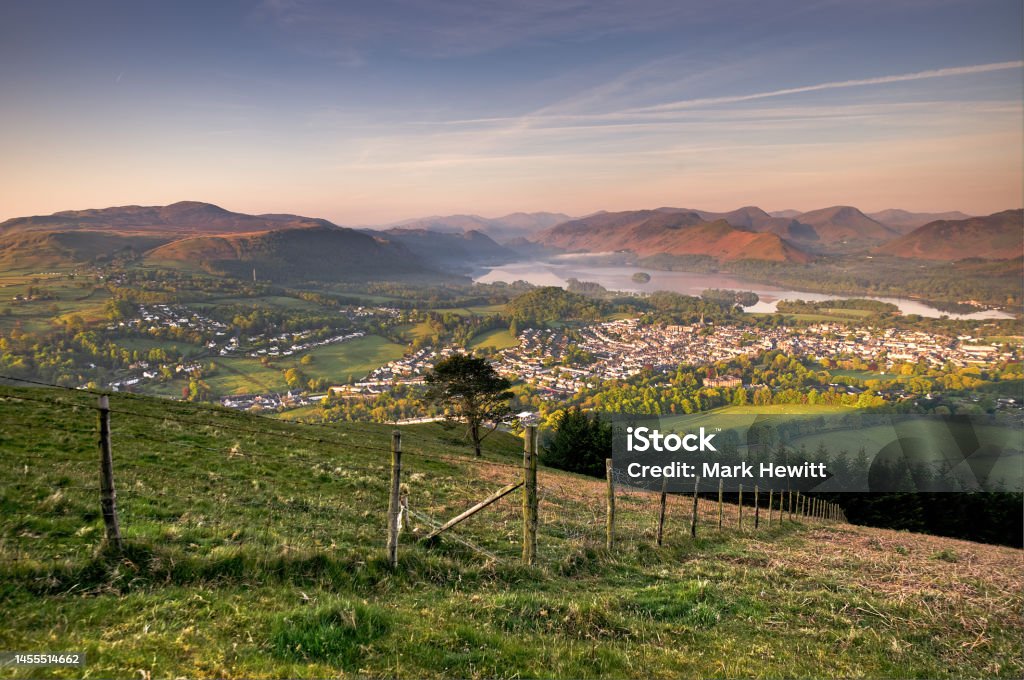 Latrigg At Dawn Taken at Latrigg during sunrise looking towards Keswick, Derwentwater, Walla Crag, Borrowdale, KIngs How, Castle Crag, High Spy, Maiden Moor, Catbells, Robinson, Causey Pike and Newlands Valley. Borrowdale Stock Photo