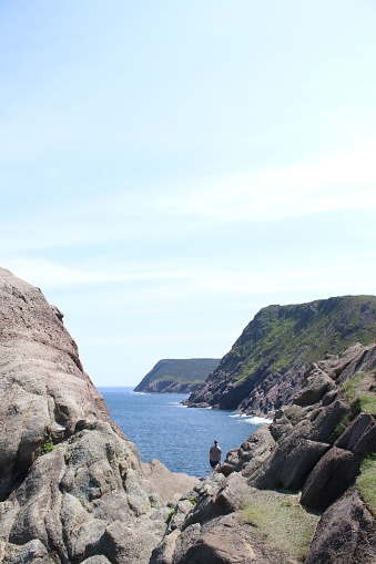 The man standing on the edge of a cliff and looking at the sea. Newfoundland, Canada.