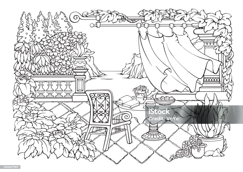  Ilustración de Romántica Terraza Con Vistas Al Mar Dibujos Para Colorear Ilustración Vectorial y más Vectores Libres de Derechos de Croquis