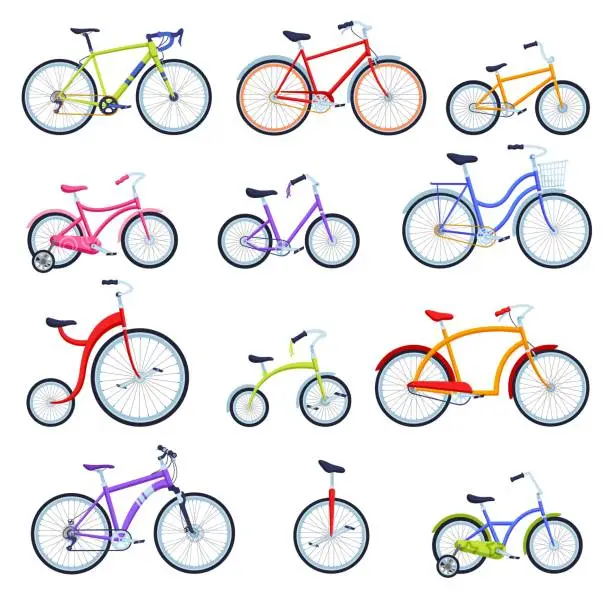 Vector illustration of Cartoon bicycles. Different types of bikes for kids and adults, city bike, sport bicycle and unicycle vector set