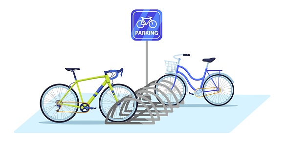 Bicycle parking area. Public bike rack with parking sign and parked bicycles. Ecologic city transport vector illustration. Street town zone for transport, cartoon eco vehicle station