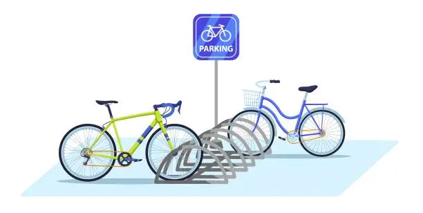 Vector illustration of Bicycle parking area. Public bike rack with parking sign and parked bicycles. Ecologic city transport vector illustration