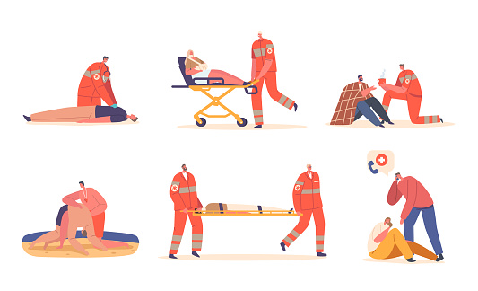 Set of Rescuers First Aid to Victims on Beach, Nature Catastrophe or Accident. Medics Carry Injured Person on Stretchers, Male Character Calling to Emergency. Cartoon People Vector Illustration