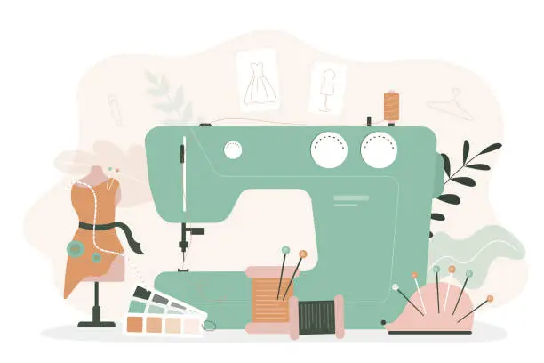 Vector illustration of Sewing machine, mannequin, sketches, pincushion, threads. Fashion design, dressmaking, sewing workshop or courses, tailoring concept. Atelier studio, fashion industry.