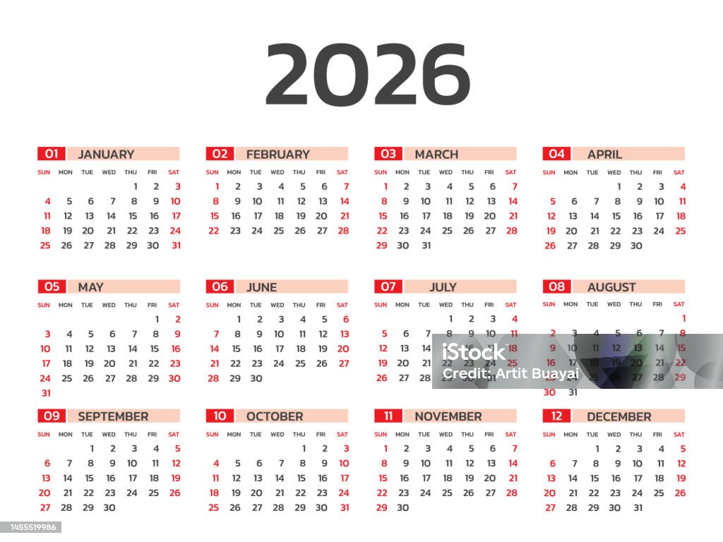 Calendar 2026 Year Vector Illustration Set Of 12 Calendar Week Starts