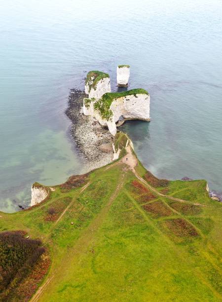 Aerial view of Old Harry Rocks at Handfast Point, on the Isle of Purbeck in Dorset, Southern England Scenic aerial view of Old Harry Rocks at Handfast Point, on the Isle of Purbeck in Dorset, Southern England old harry rocks stock pictures, royalty-free photos & images