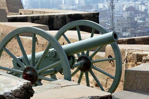 Cairo, Egypt, January 7 2022: Cairo Citadel iftar cannon, Salah El Din Castle Ramadan Cannon that goes off and fire to announce breakfast time at sunset in Ramadan fasting month for Muslims to alert citizens to break their fast, selective focus