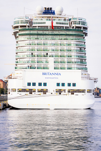Stockholm, Sweden - A rear view of the cruise ship Britannia, tied up and docked in Stockholm.