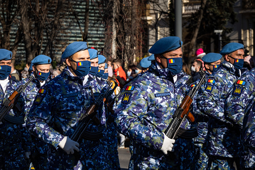 Bucharest, Romania – December 01, 2021: The 1st of December National military parade (Union day from 1918) at Triumphal Arch square