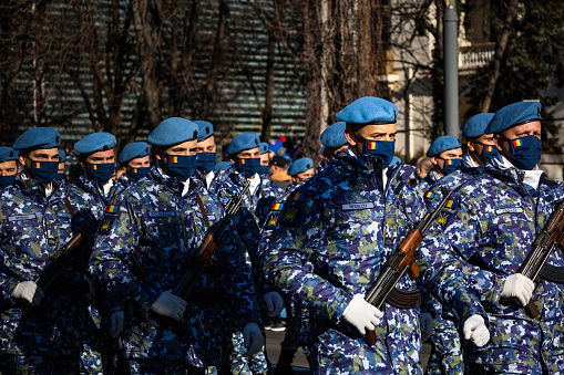 Bucharest, Romania – December 01, 2021: The 1st of December National military parade (Union day from 1918) at Triumphal Arch square