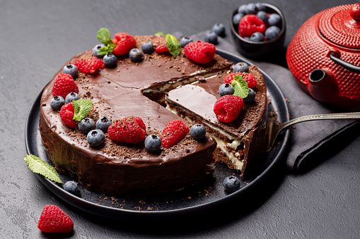 Chocolate cake dessert with fresh berries
